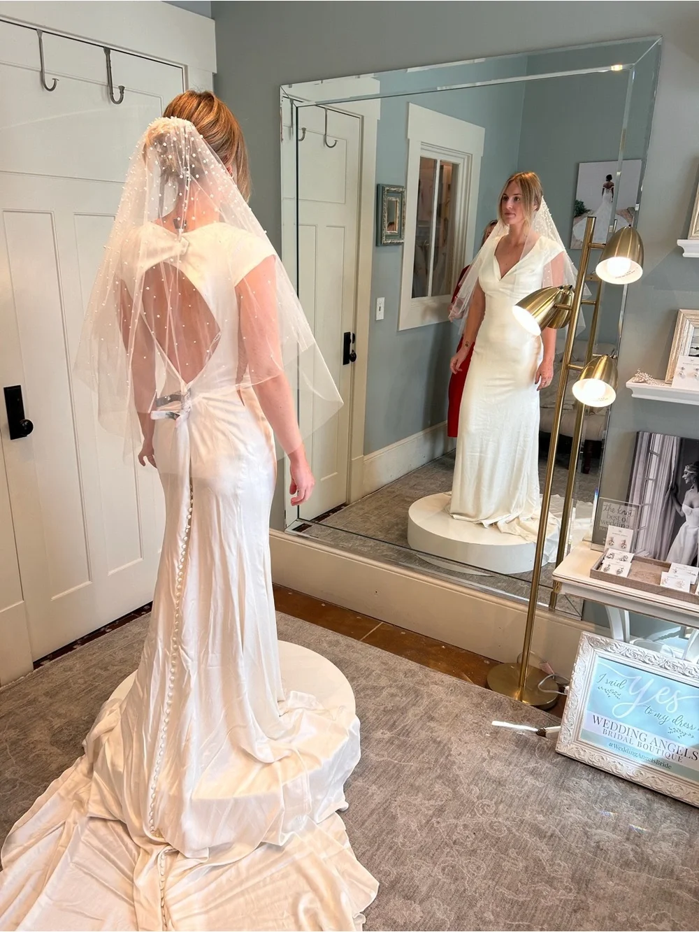 Martina Liana Ivory Satin V-Neck Bridal Gown with Long Train